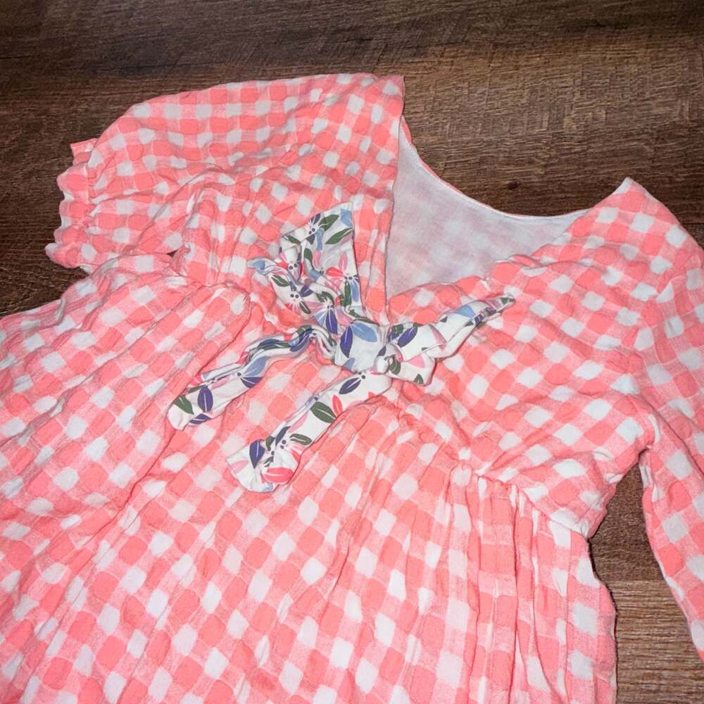 Girls Coral and White Gingham Dress with Floral Tie Detail, Size 7 - Picture 3 of 4